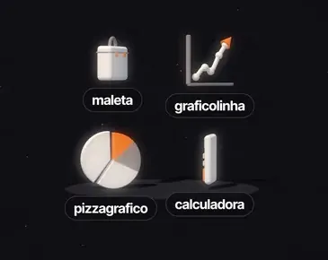 Peças 3D do acervo do estúdio de motion: maleta, gráfico, pizza e calculadora